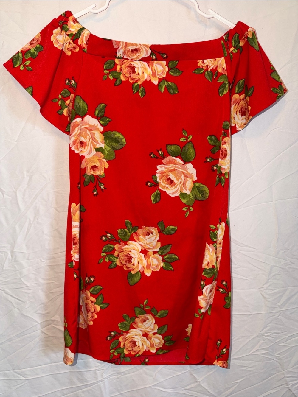 mine Red Off-Shoulder Floral Blouse with Yellow Rose Print
